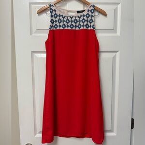 THML Women’s Orange Red Keyhole Halter Blue Embroidered Shift Dress Size M